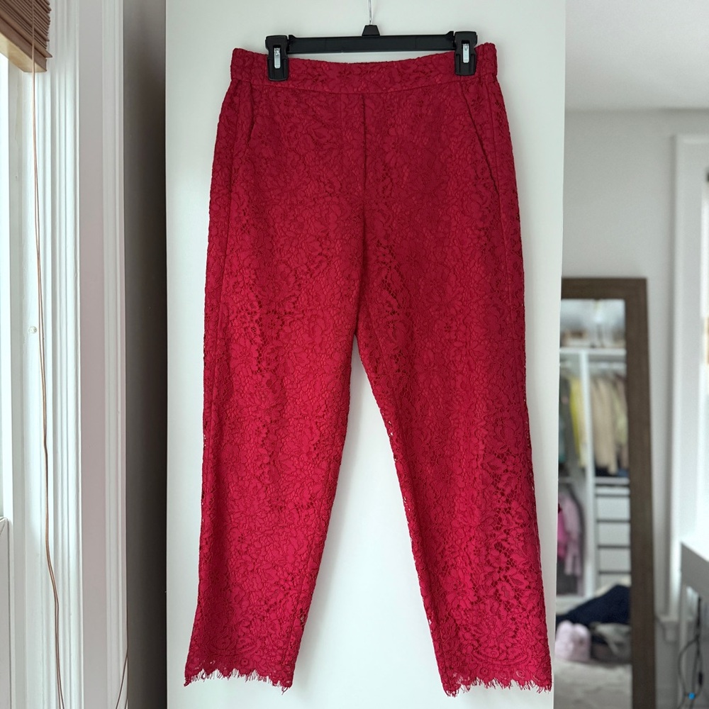 JCREW | HIGH RISE RED LACE STRAIGHT LEG HOLIDAY CHRISTMAS TROUSER PANTS - Picture 3 of 11